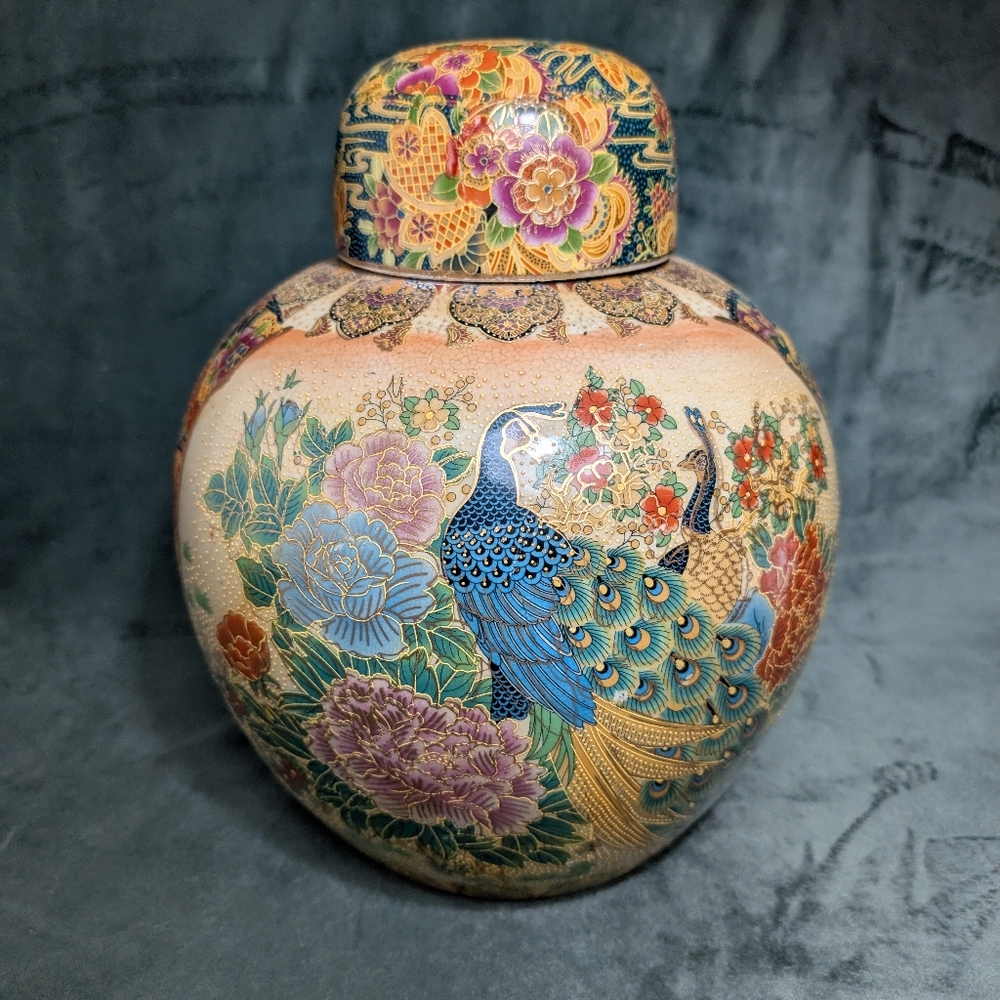 Vintage Japanese Royal Satsuma Yaki Ginger Jar With Original Lid Peacock Design